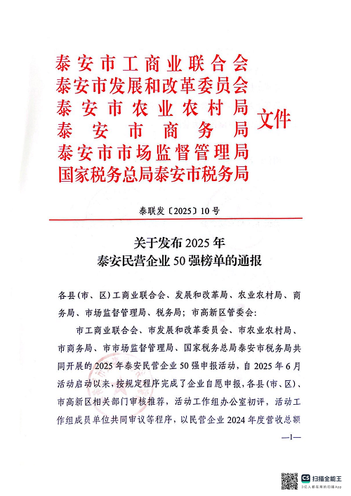 一滕集团荣登2025年泰安民营企业50强榜单第3名